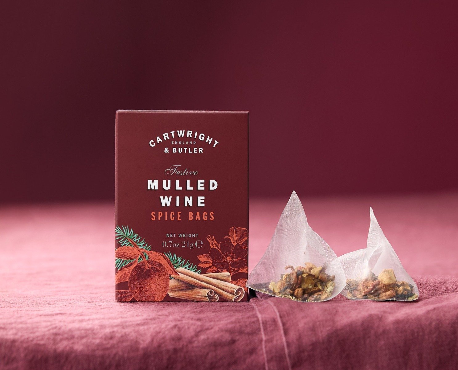 small box of mulled wine tea bags in triangle transparent bags