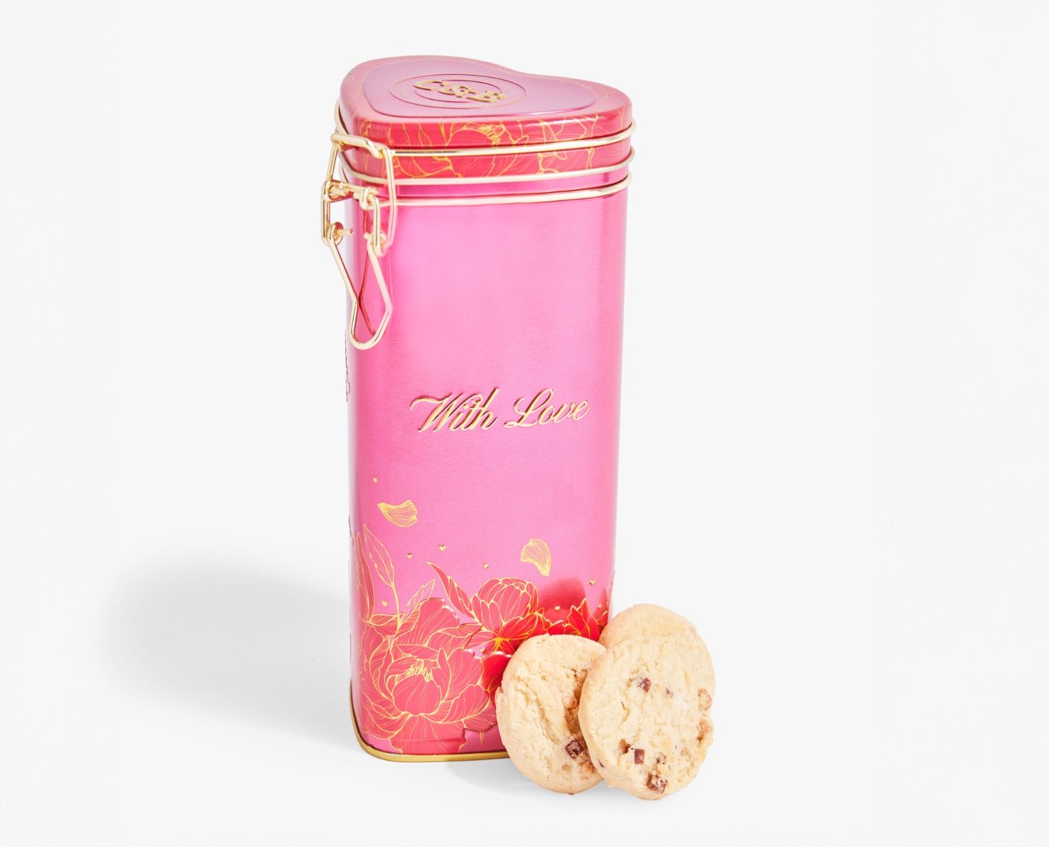 With Love Strawberry & White Chocolate Biscuits in Heart Shaped Tin