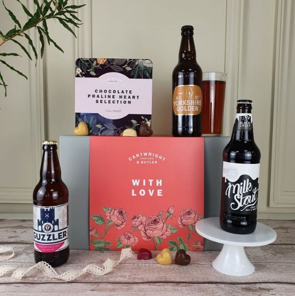 Cartwright & Butler Valentine's Day hamper with bottles of beer and box of chocolates