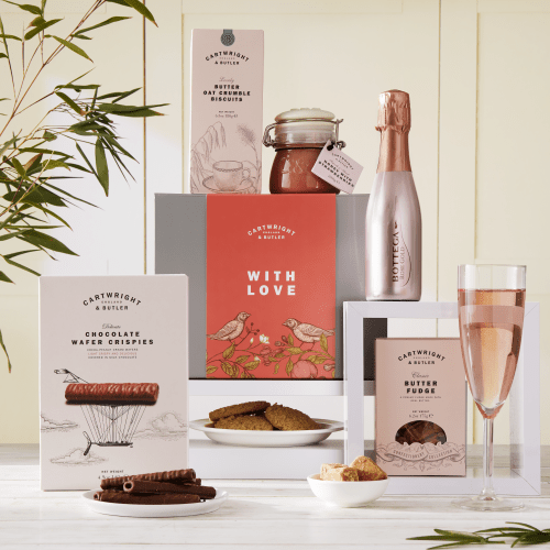 Valentine's gifts for men: Cartwright & Butler food hamper featuring 'with love' gift sleeve
