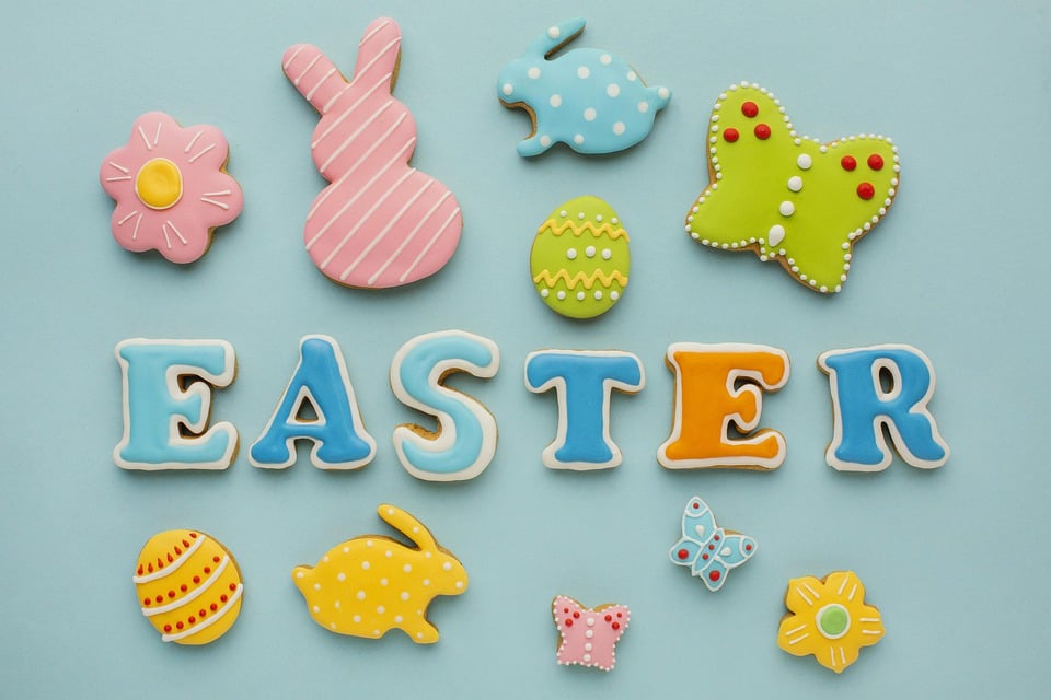 Colourful biscuits spelling out 'Easter'