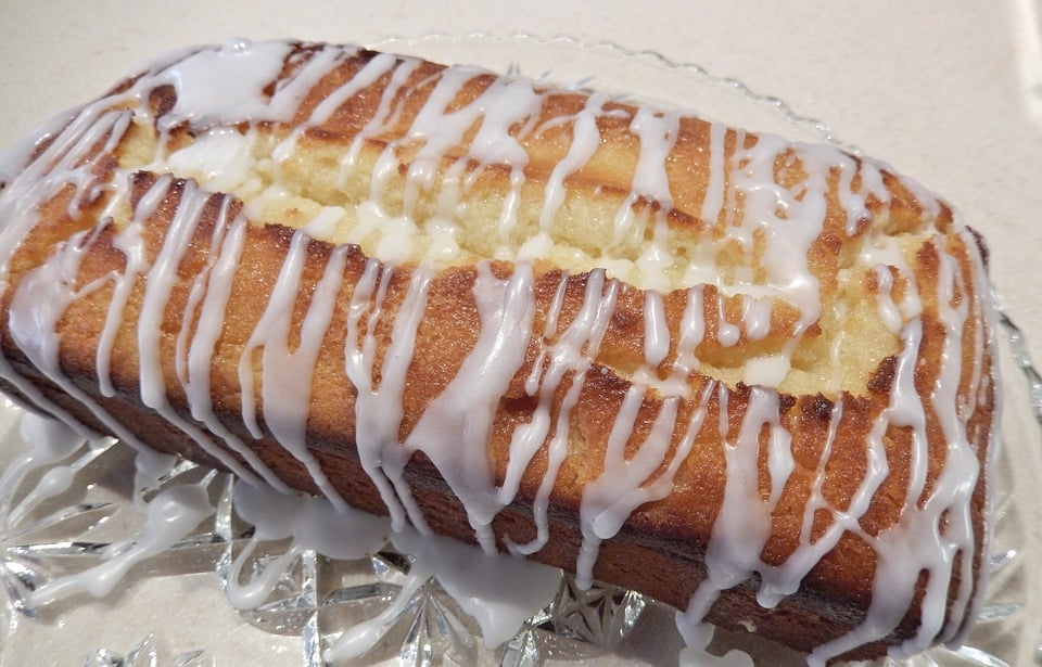 Lemon loaf cake with icing drizzled on top