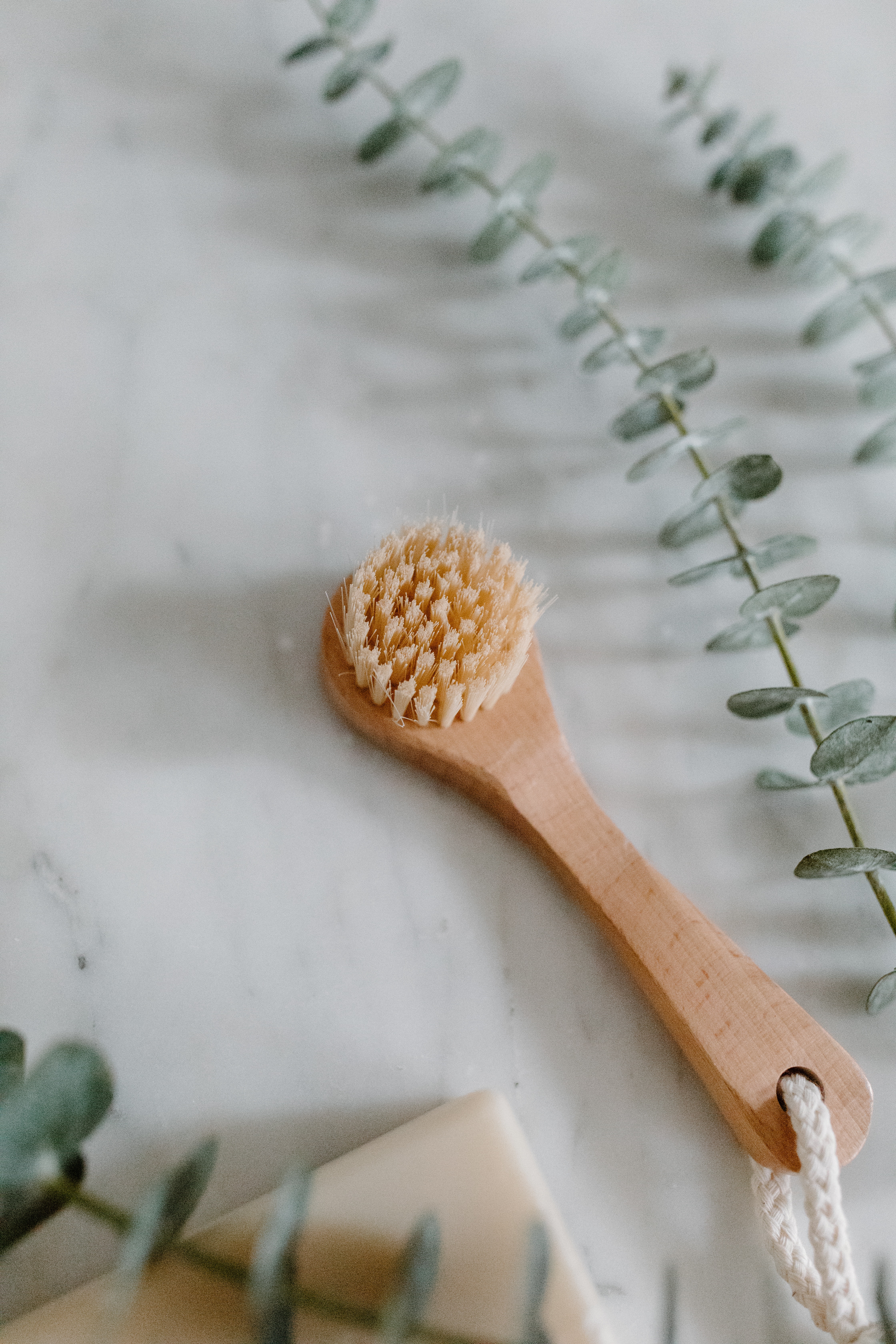 Wooden exfoliating scrubber laid on bathroom tile with artificial leaves