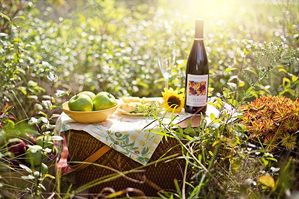 Picnic basket, flowers and rug in the woods