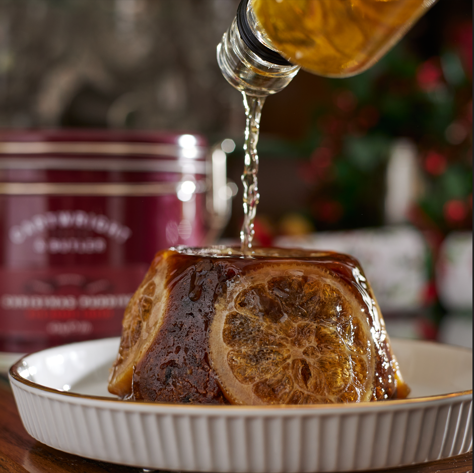 Christmas pudding alcohol poured on the top