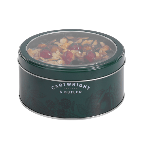 Cherry & Almond Decorated Round Fruit Cake in Tin