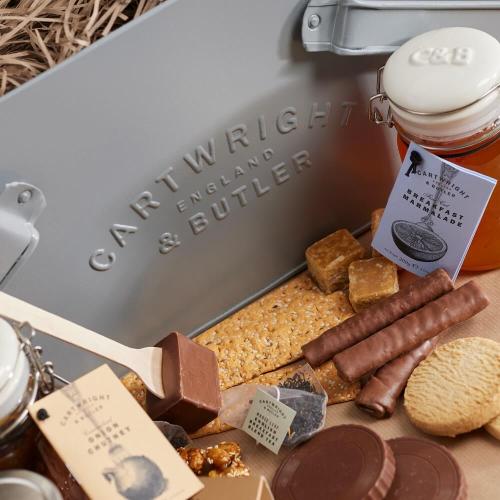 The Pocklington Hamper filled with tea, biscuits, drinking chocolate, fudge and more