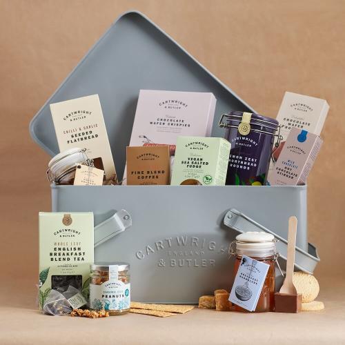 The Pocklington Hamper filled with tea, biscuits, drinking chocolate, fudge and more