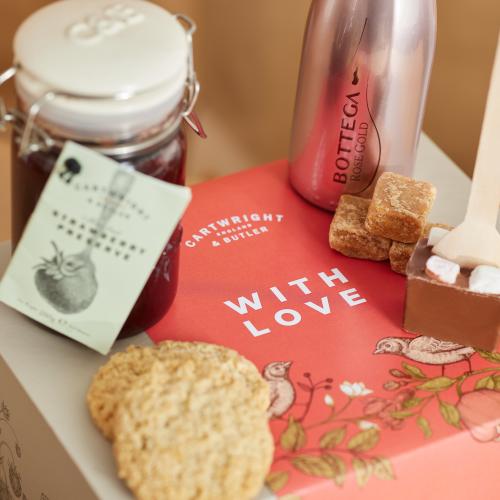 Valentines & Mother's Day Gift Box with Butter Fudge, Hot Chocolate Stirrer, Rose Prosecco, Strawberry Preserve, Butter Oat Crumbles in Gift Sleeve 'With Love'