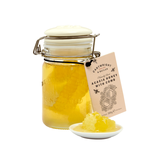 Acacia Honey in Clip Lid Jar with Honeycomb & plate of honey in front