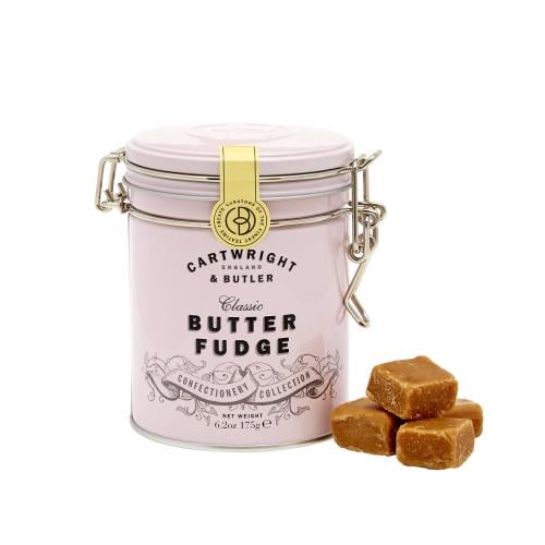 Butter Fudge in Tin with pieces of fudge by Cartwright & Butler