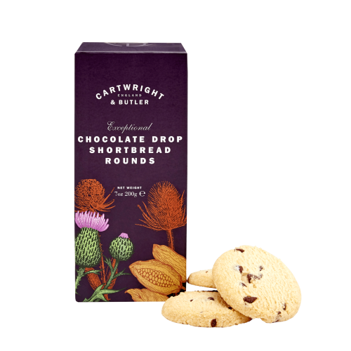 Chocolate Drop Shortbread Rounds Biscuits in Carton by Cartwright & Butler with Cookies