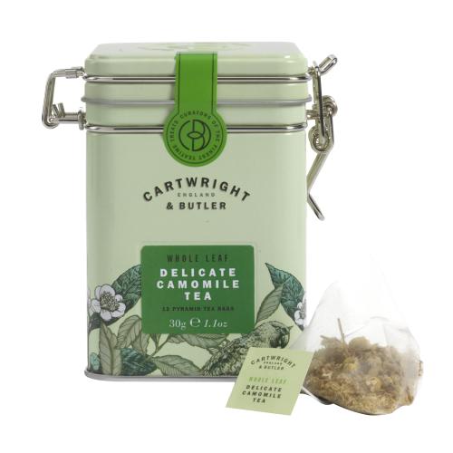 Whole Leaf Camomile Tea Pyramid Tea Bags in Decorative Tin with Teabag 