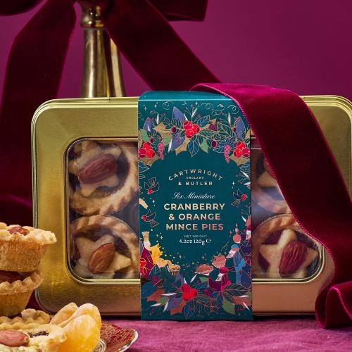 close up of Cranberry & Orange Mini Mince Pies in Christmas Tin