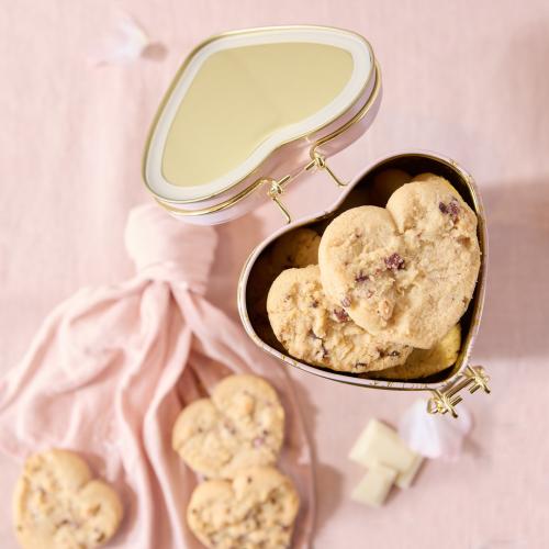Raspberry & White Chocolate Biscuits in Heart Shaped Tin